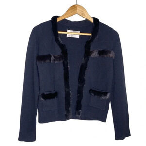 Yves Salomon Black Cashmere Mink Fur Trim Cardigan Blazer Jacket Women's Large